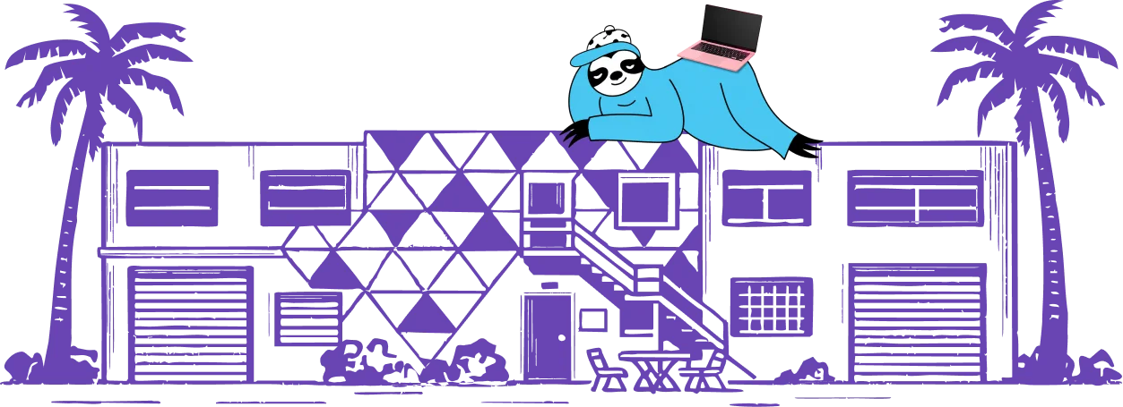 Line illustration of the Sloth Society building in Bandra, with a sloth resting on the roof